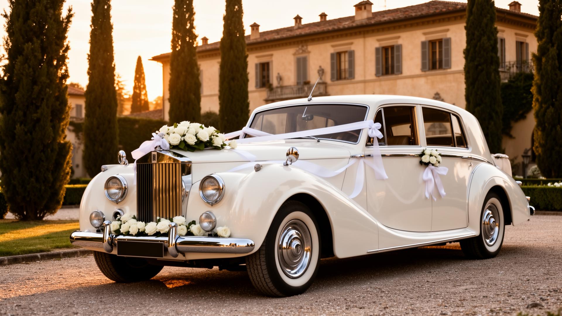 Rolls-Royce bianca decorata con rose per matrimonio in villa italiana