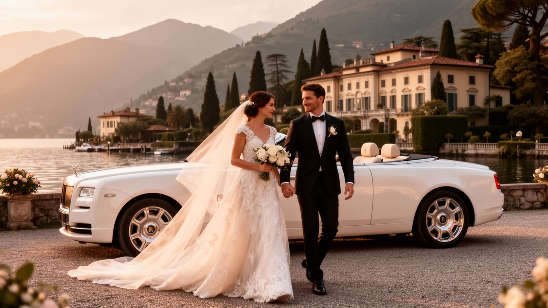 Sposi accanto a Rolls-Royce cabrio bianca a Villa sul Lago di Como