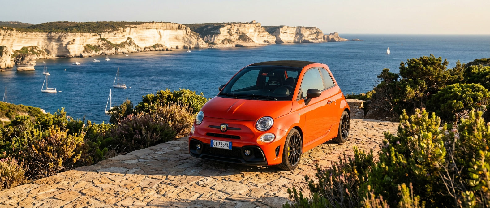Abarth 695 Competizione consegnata sul Golfo di Santa Manza in Corsica da Rial Rent