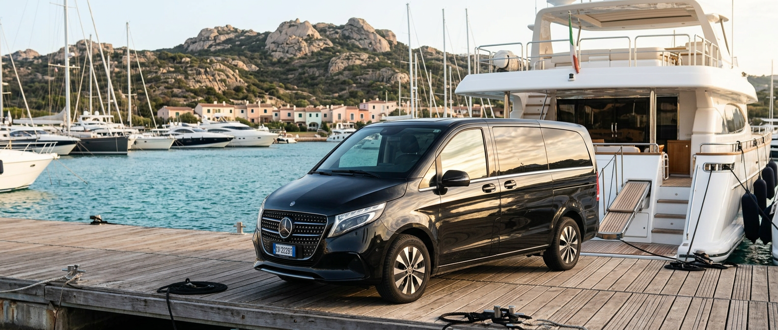 Mercedes V250d transfer in banchina alla Marina di Portisco da Rial Rent