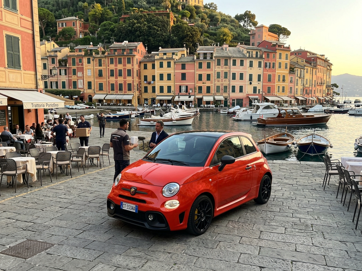 Abarth 695 Competizione consegnata sulla piazzetta di Portofino da Rial Rent