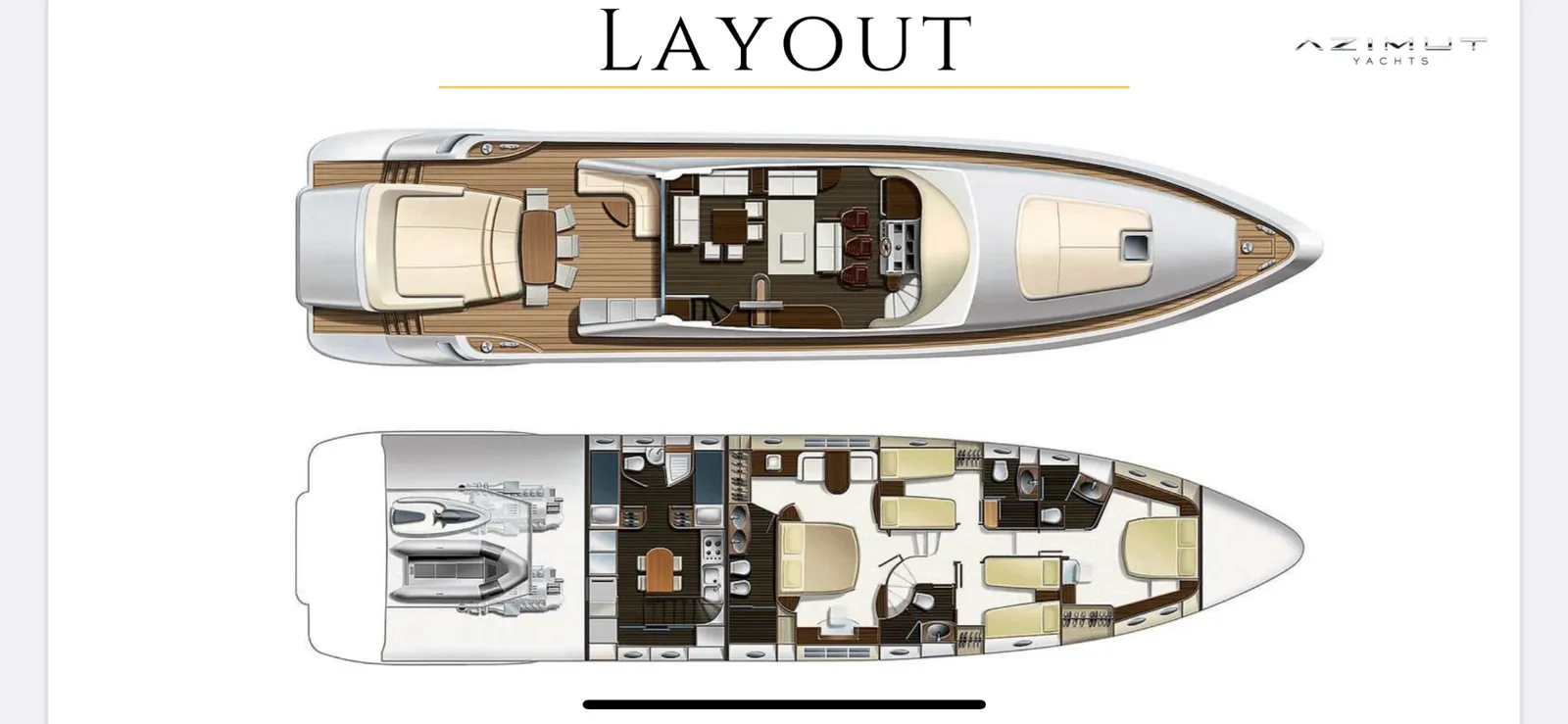 Distribución interior y exterior del Azimut 86S — cubiertas y camarotes