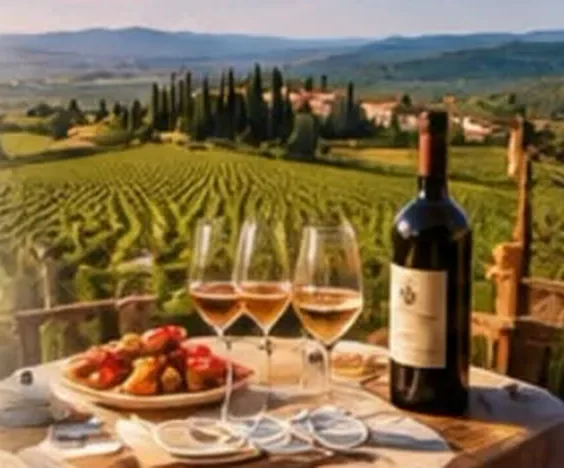 Tavola apparecchiata con calici di vino, una bottiglia e stuzzichini davanti a un vigneto toscano