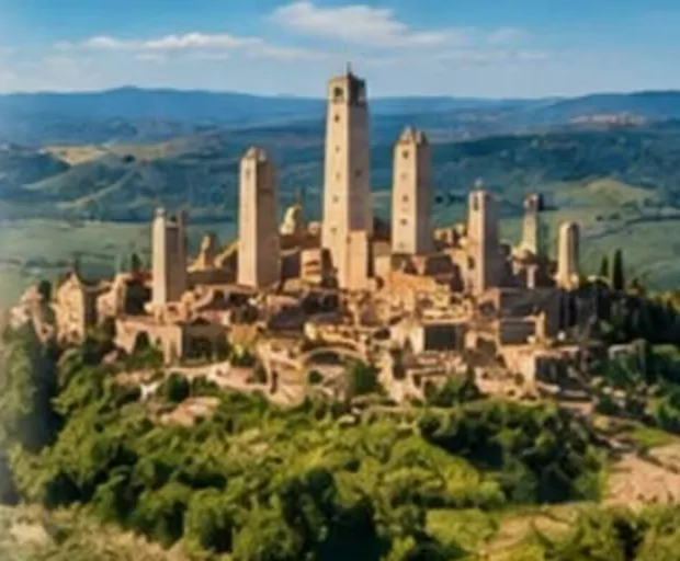 San Gimignano dall'alto, con le torri medievali tra colline, boschi e vigneti