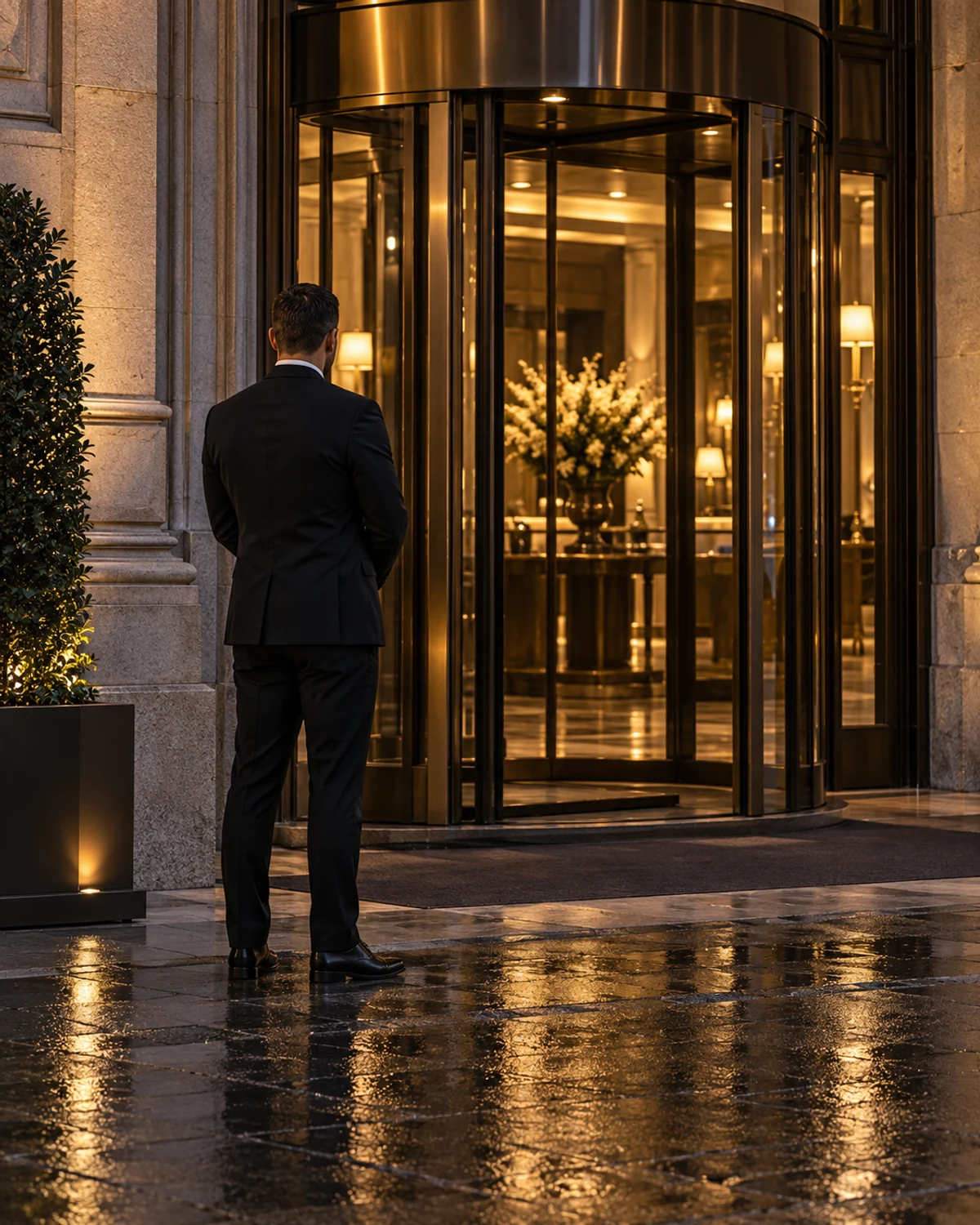Ingresso laterale di un hotel di lusso milanese con porta girevole e un operatore di sicurezza in attesa, con postura discreta
