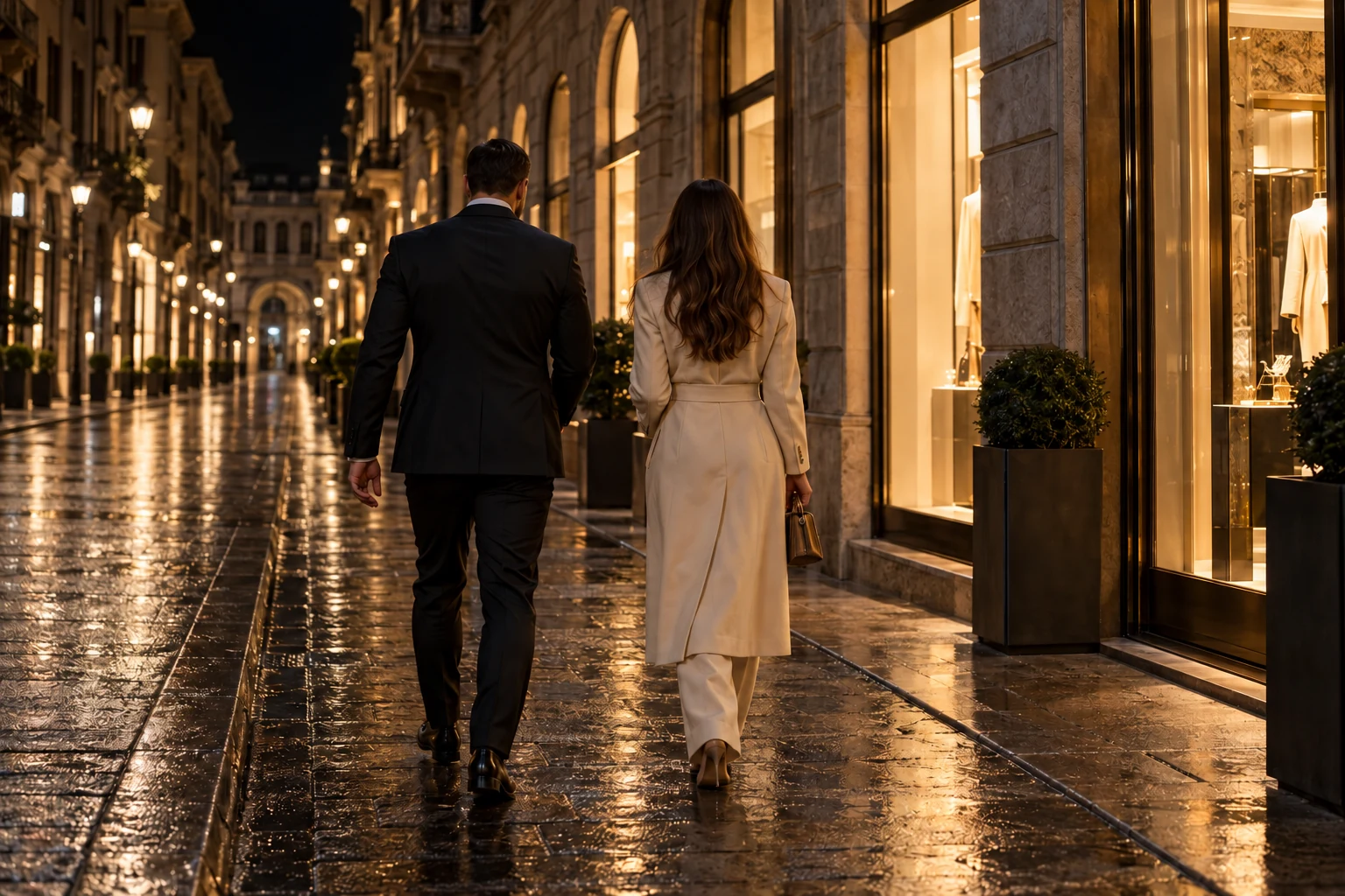 Professionista della protezione in abito scuro che accompagna un cliente, di spalle, lungo via Montenapoleone a Milano di sera