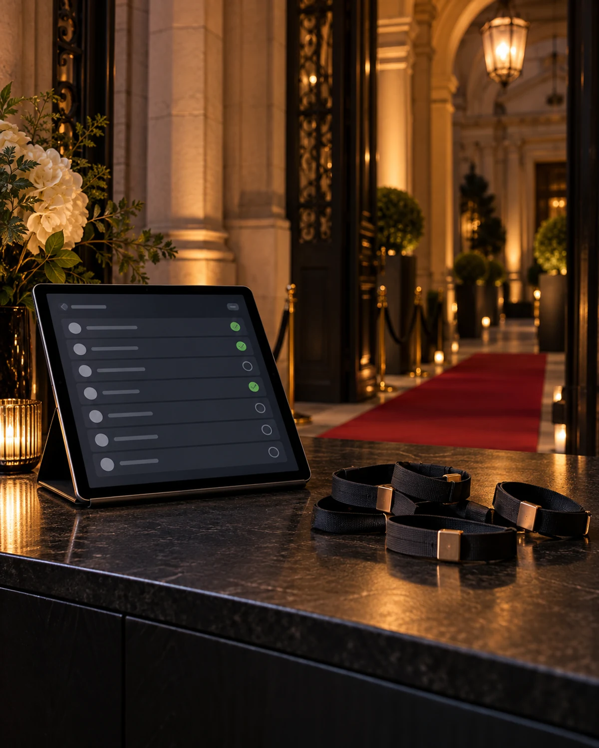 Tavolo all'ingresso di un evento con un tablet con la lista degli ospiti e braccialetti evento, per un controllo accessi discreto