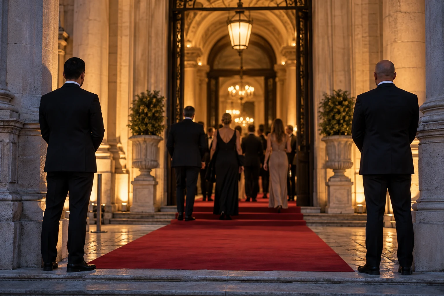 Ingresso di un evento di gala a Milano in un palazzo storico illuminato, con red carpet, staff di sicurezza in abito scuro ai lati e ospiti sfocati