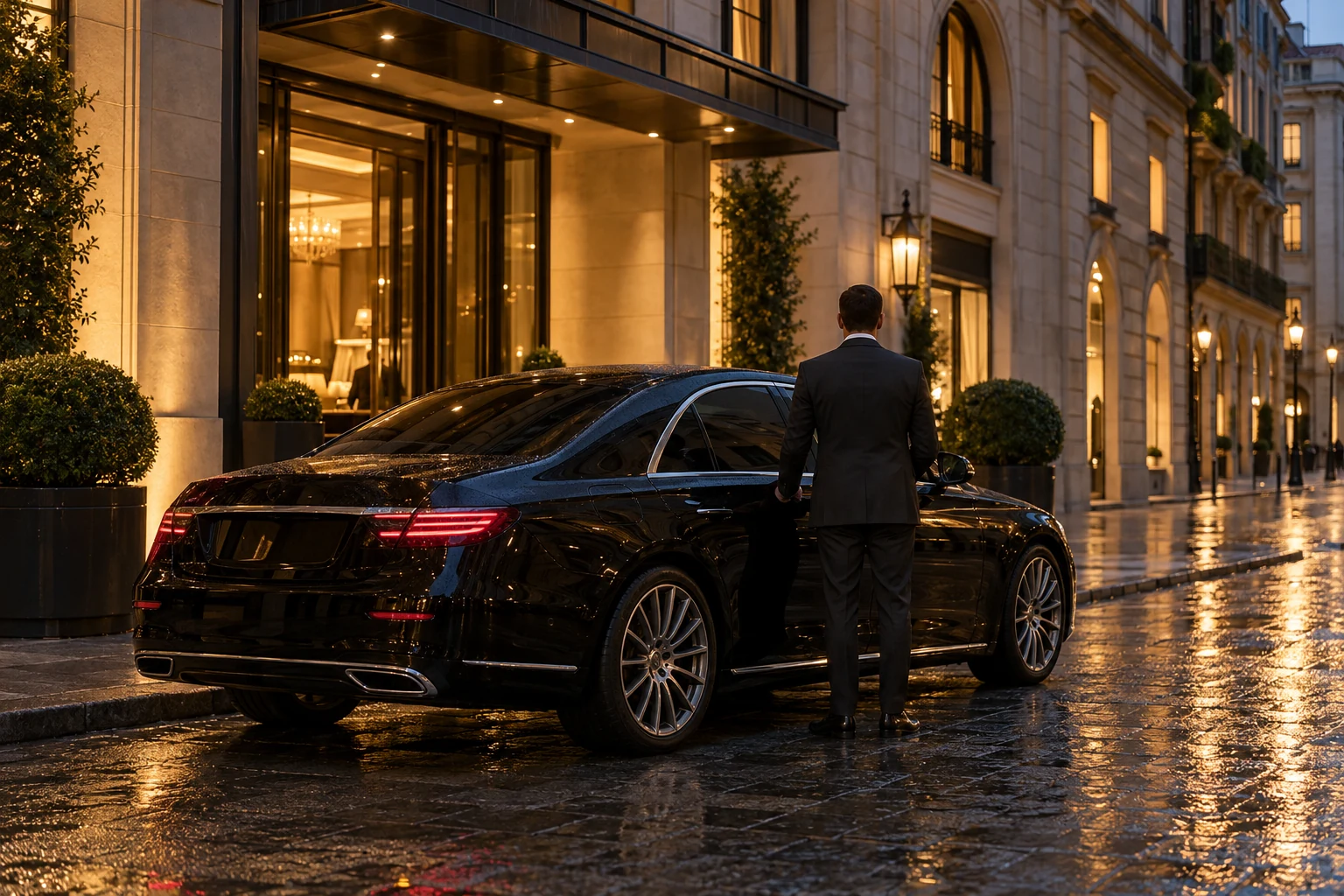 Berlina nera di lusso ferma di sera davanti a un hotel del Quadrilatero a Milano, con un uomo in abito scuro di spalle accanto alla portiera posteriore, sulla strada bagnata