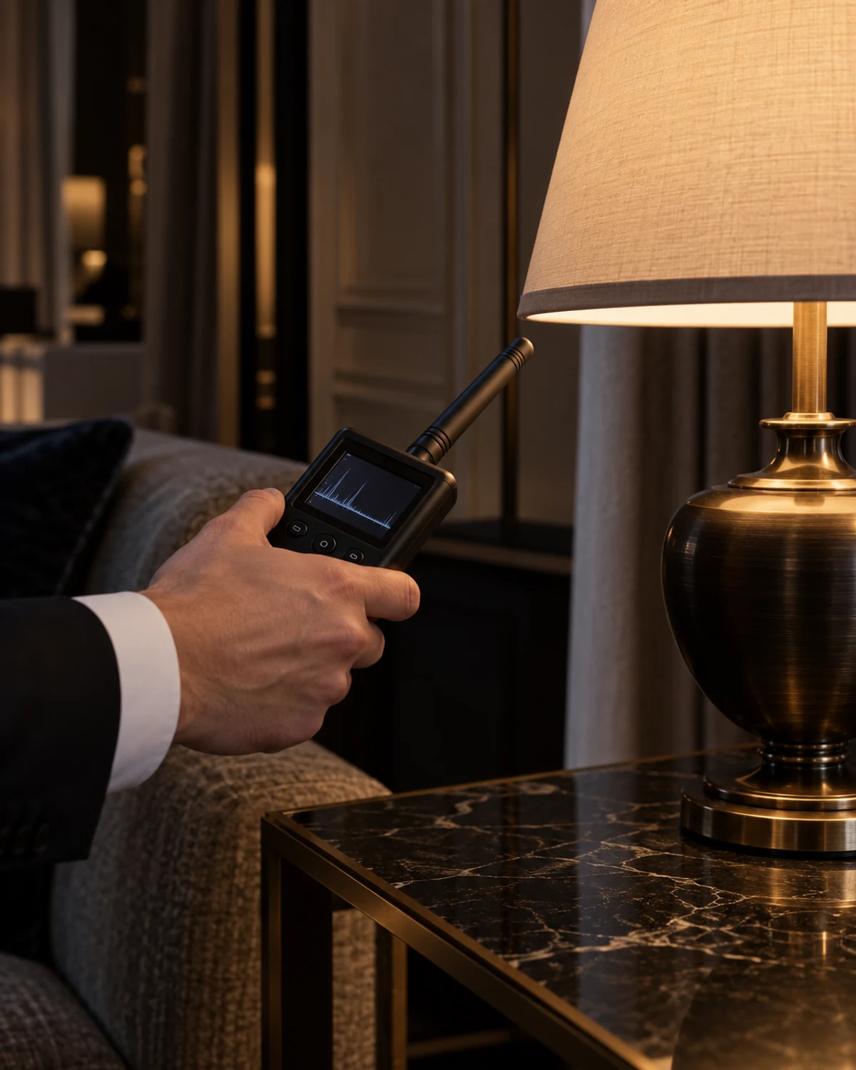 Strumento di rilevazione a radiofrequenza puntato verso una lampada da tavolo in una suite d'hotel