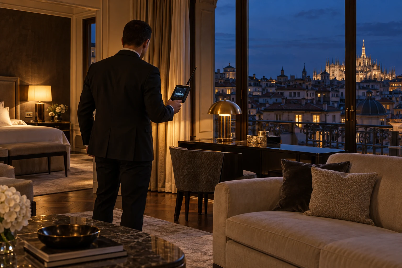 Suite d'hotel di lusso a Milano con vista sui tetti e un tecnico, di cui non si vede il volto, che controlla la stanza con uno strumento di rilevazione